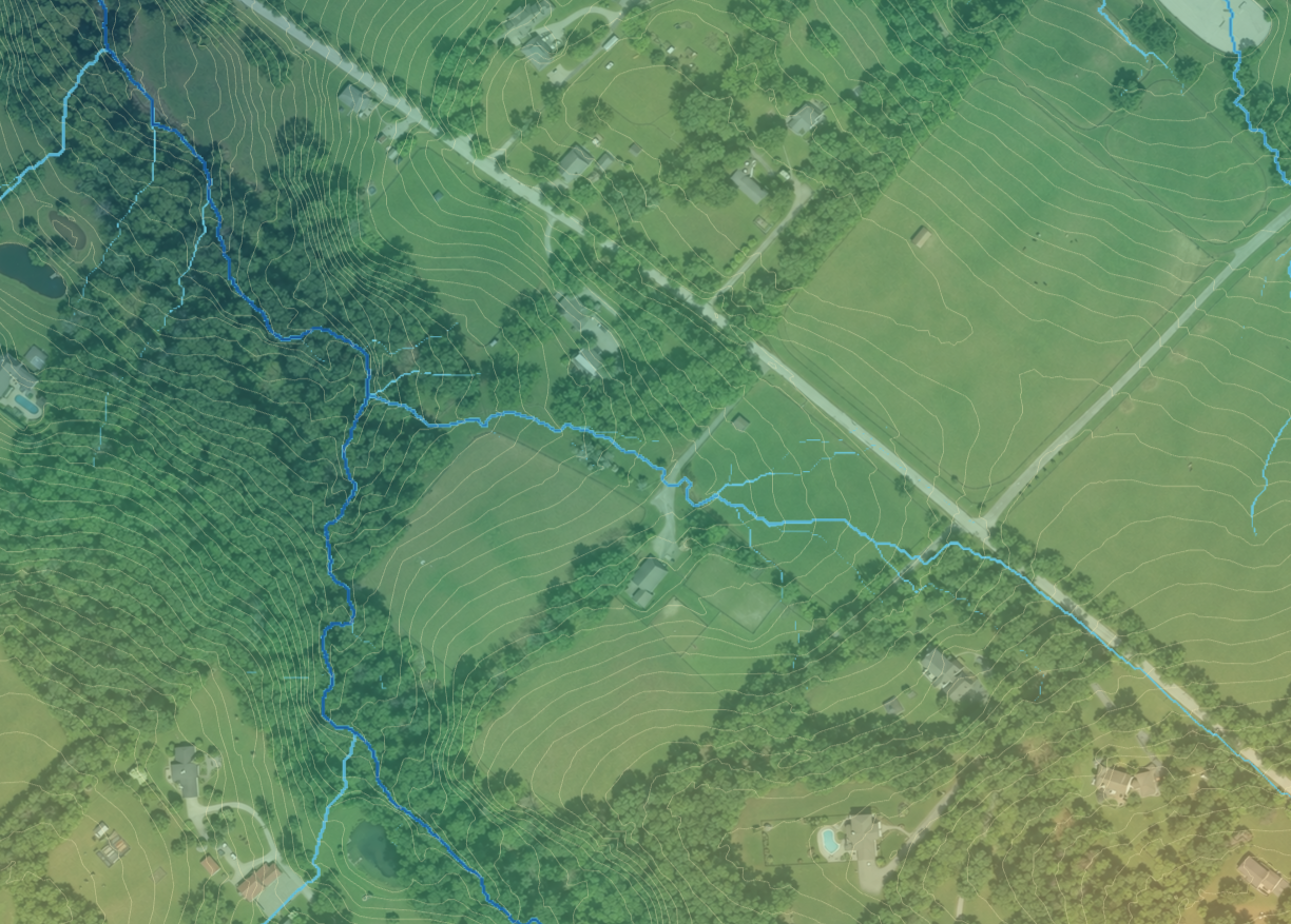 European property example showing terrain contours and potential runoff concentration